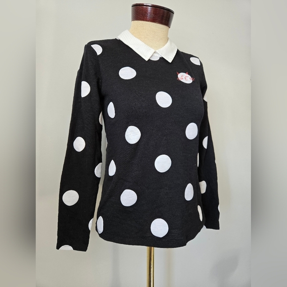 MAISON JULES Black and White Polka Dot Collared Women's Top with Cat. Size Small - Picture 2 of 10